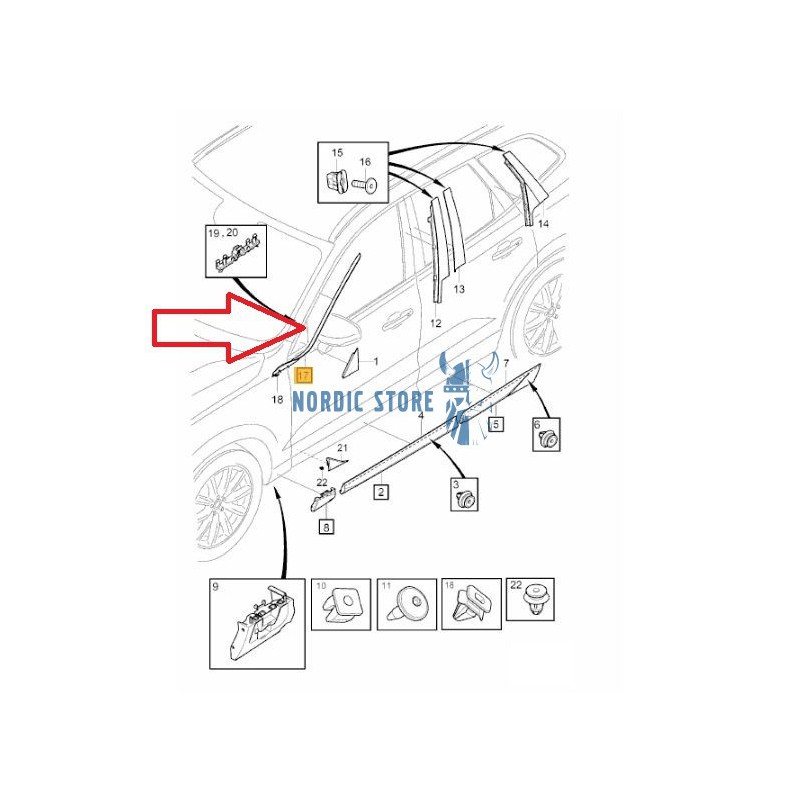 Volvo gyári alkatrészek, Volvo 32210590 bal oldali A oszlop díszléc