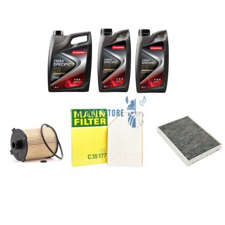 Volvo szerviz csomag, MANN levegőszűrő, olajszűrő, aktív szenes pollenszűrő és motorolaj és Champion 0W-20 LS-FE